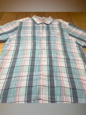 Tommy Bahama Pastel Plaid Short Sleeve Button Up Blue, Pink & Gray 100% Linen